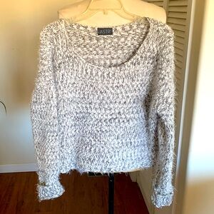 Very cute, fuzzy,, grey, and white, polyester, and acrylic sweater.